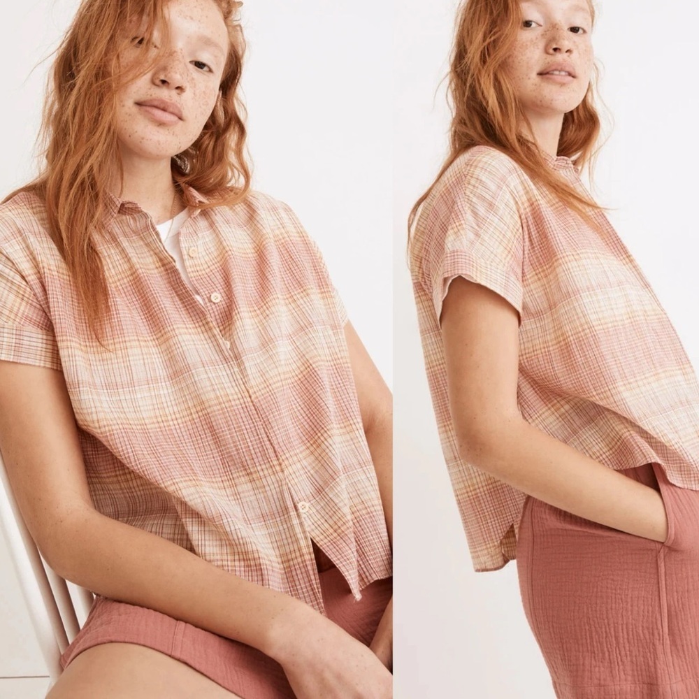 Madewell Hilltop Plaid Short Sleeve Crop Shirt In Ombré Stripe Women's Size M